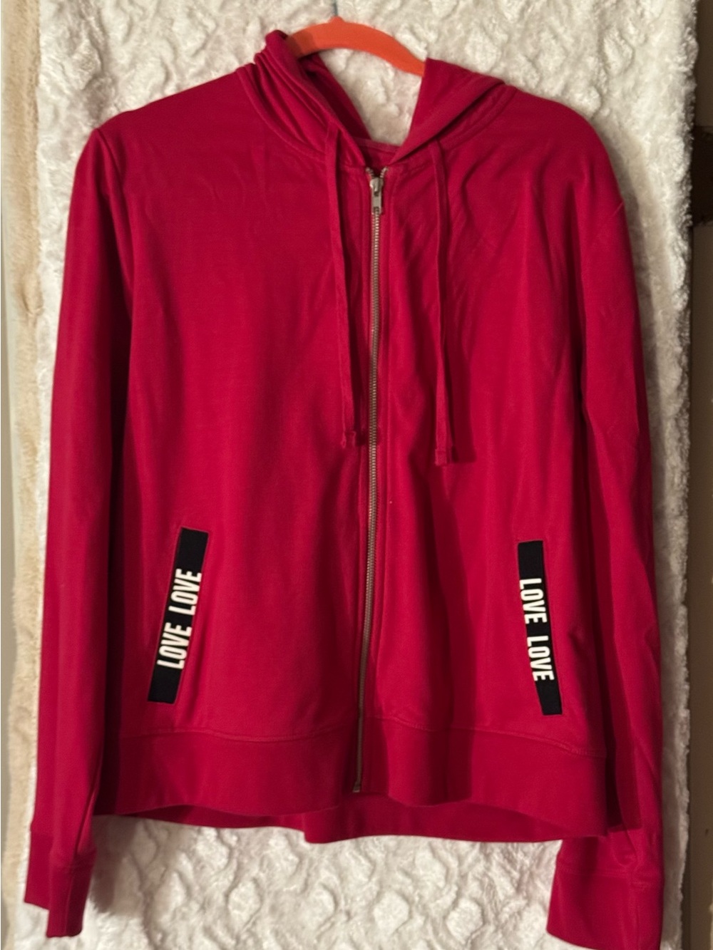 New York & Company Red Zip-Up Hooded Sweater with LOVE Pocket Accents